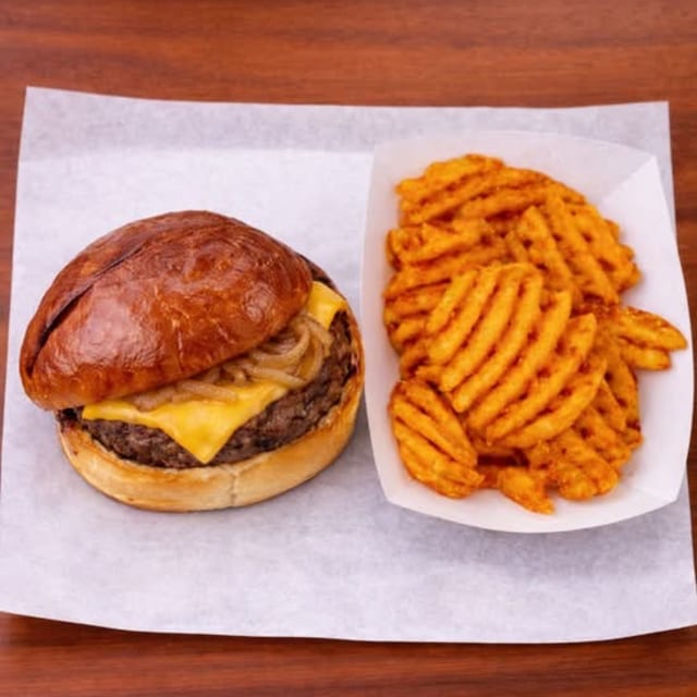 STUBBYS BURGER WITH FRIES.