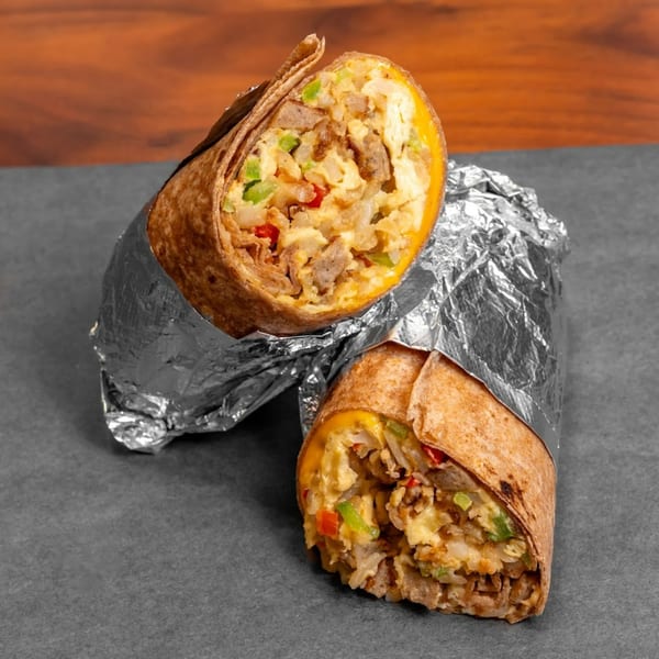 Two Stubbys breakfast burritos, cut in half, revealing eggs, sausage, and vegetables, wrapped in foil.