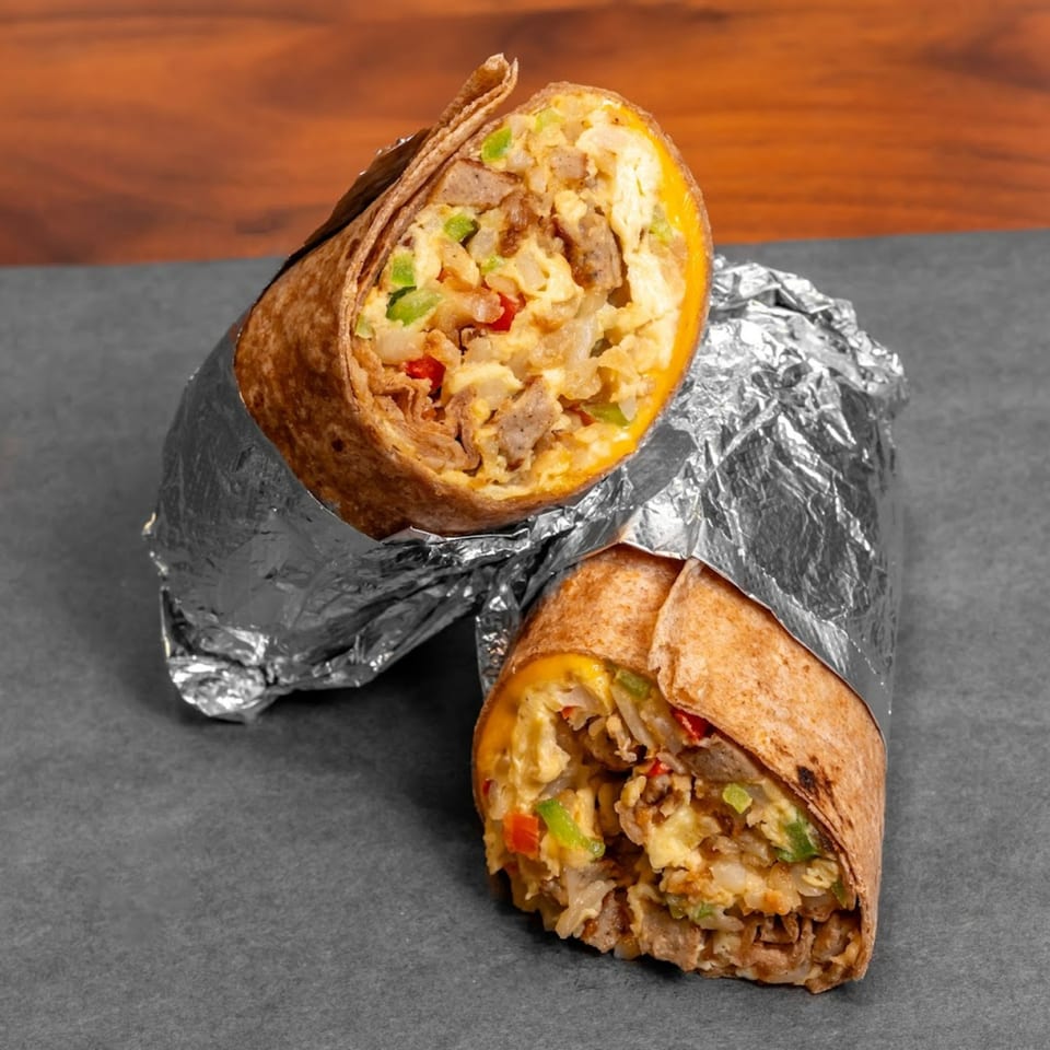 Two Stubbys breakfast burritos, cut in half, revealing eggs, sausage, and vegetables.
