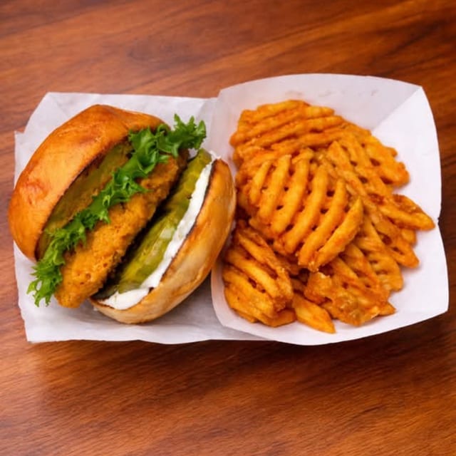 FRIED CHICKEN SANDWICH WITH FRIES.