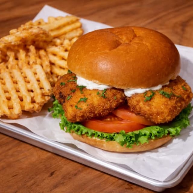 FISH SANDWICH WITH FRIES.