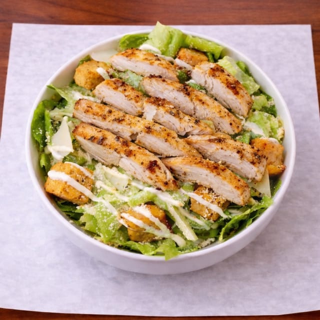 GRILLED CHICKEN CAESAR SALAD.
